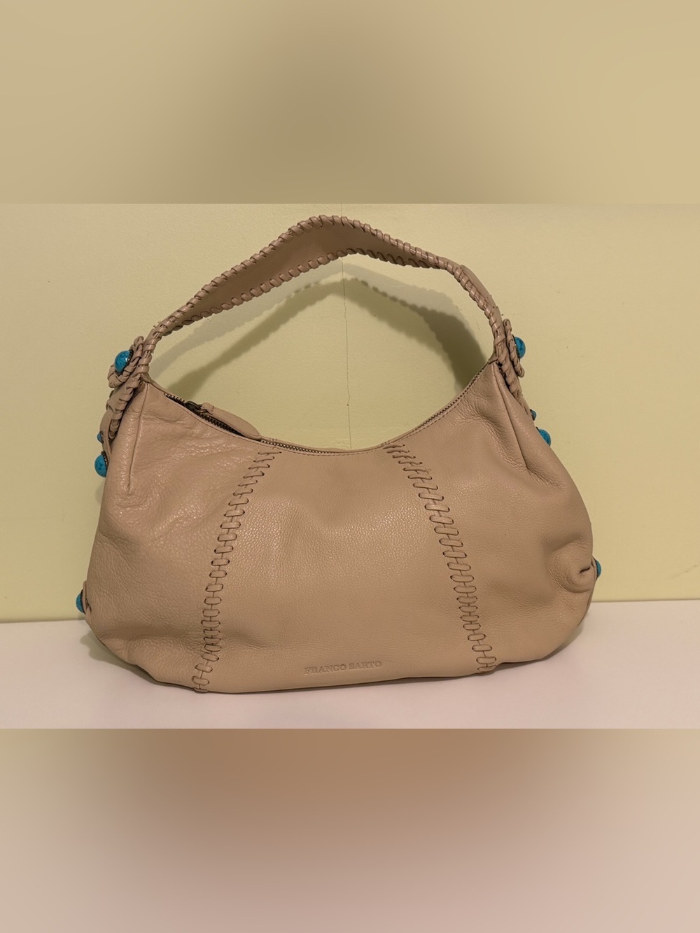 Franco Sarto Leather Hobo Shoulder Bag Beige Faux Turquoise Bead Accents REFURB